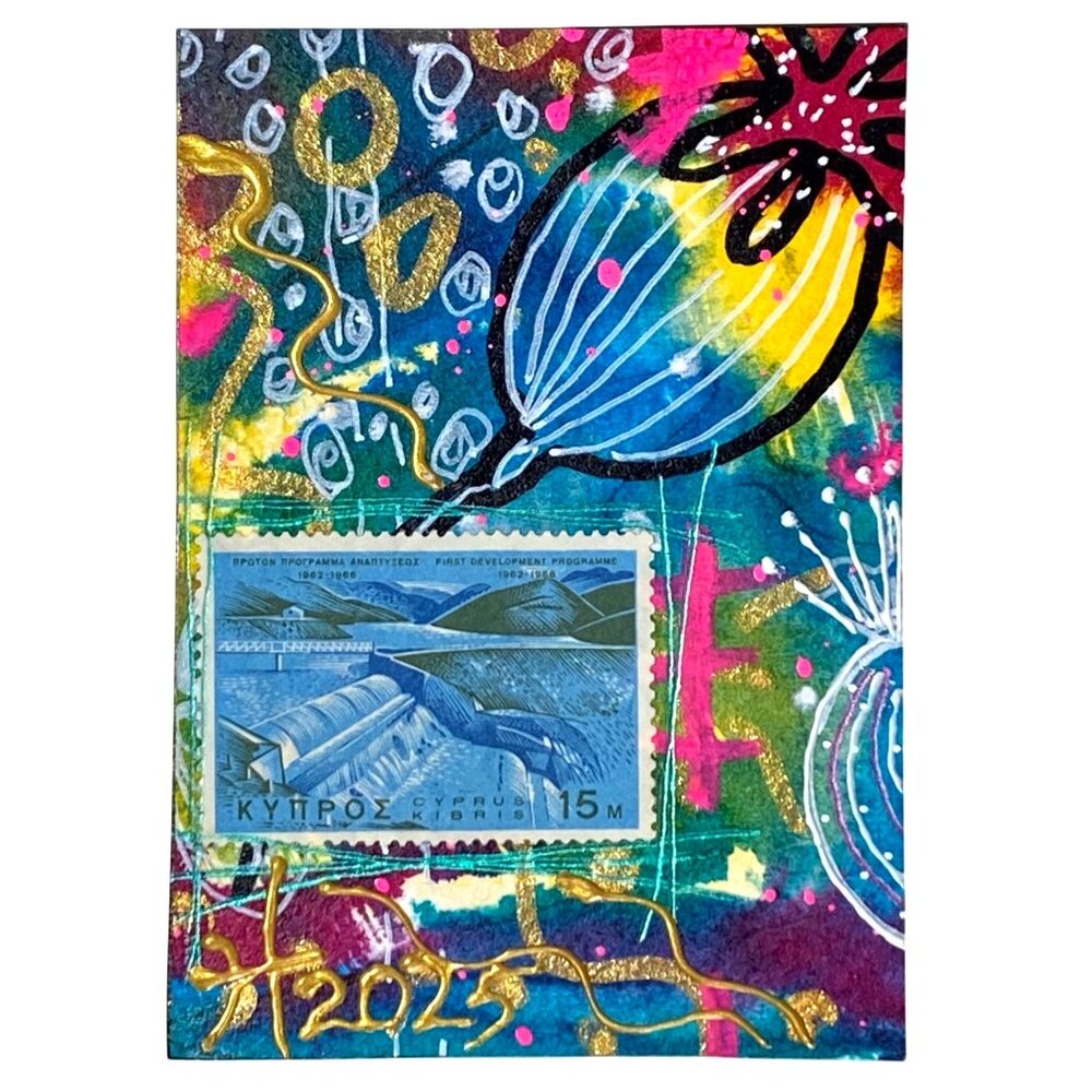 ACEO Original Art Acrylic Collage Mixed Media 3D 1967 Cyprus Postage Stamp ATC